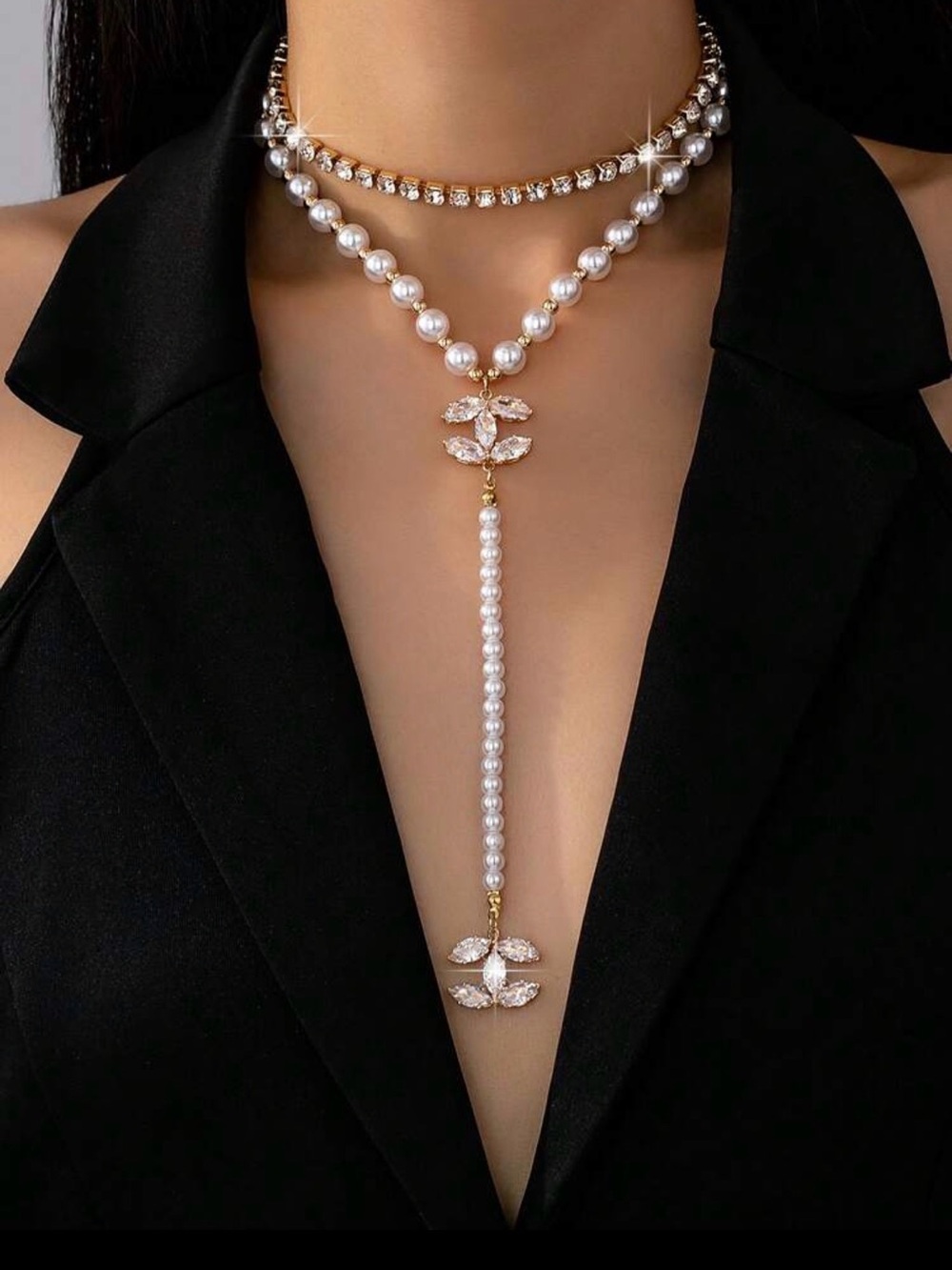 Elegant Pearl and Crystal Y-Drop Necklace - Gold Accents, White Pearls